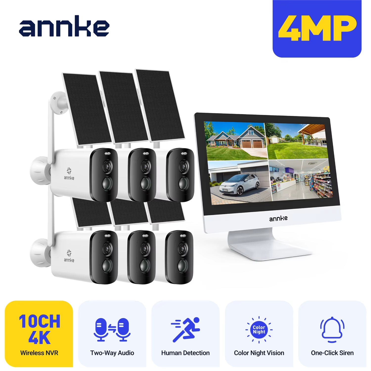 4MP Solar Security Cameras 10CH 12 in LCD 2.4G 5.8G PTZ Wifi Security Cameras PIR Color Night Vision Camera Security Wifi