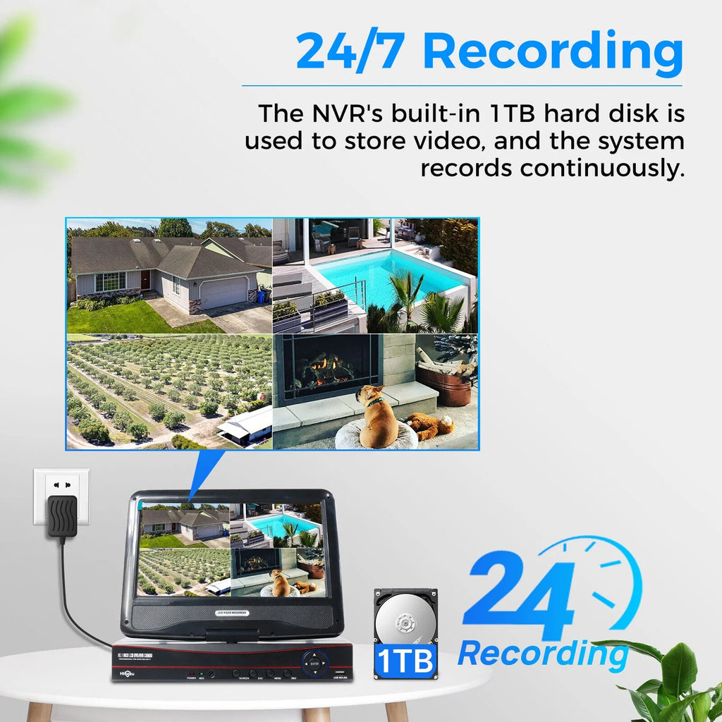 Security Camera System with 10.1'' Monitor, 1TB Hard Drive, 10 Channel NVR, 4Pcs Wireless Wi-Fi with Audio Recording, Waterproof, Night Vision, Home Security Camera (Supports Only 2.4Ghz Wifi)