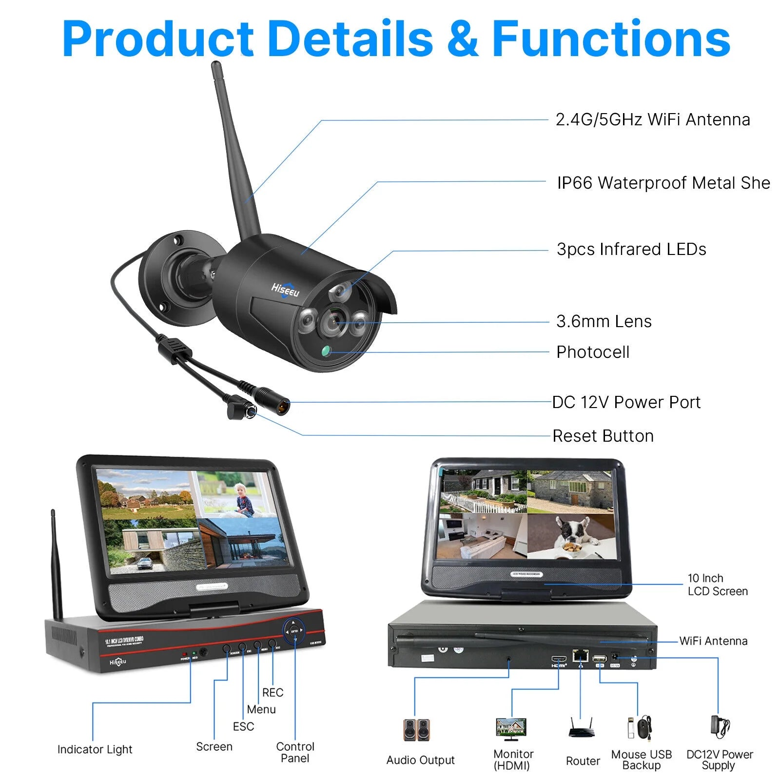 Security Camera System with 10.1'' Monitor, 1TB Hard Drive, 10 Channel NVR, 4Pcs Wireless Wi-Fi with Audio Recording, Waterproof, Night Vision, Home Security Camera (Supports Only 2.4Ghz Wifi)