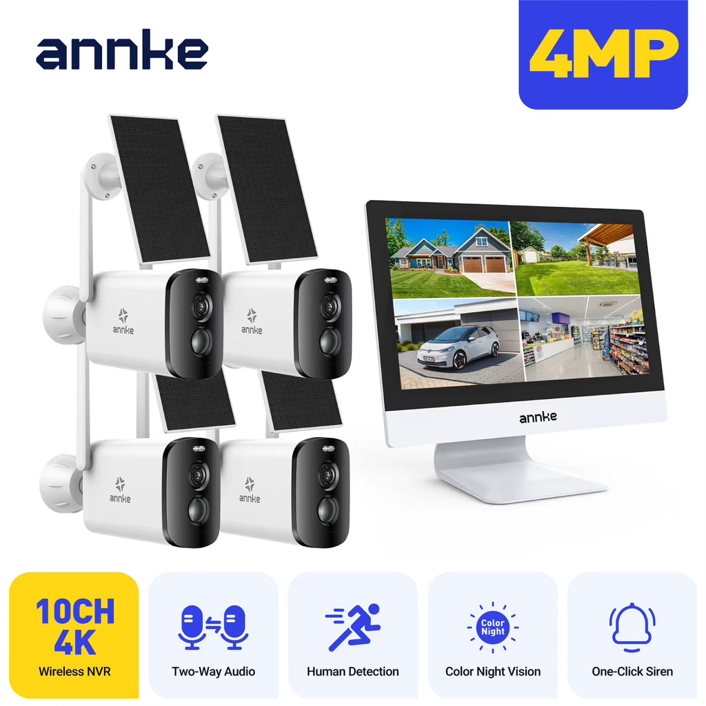 4MP Solar Security Cameras 10CH 12 in LCD 2.4G 5.8G PTZ Wifi Security Cameras PIR Color Night Vision Camera Security Wifi