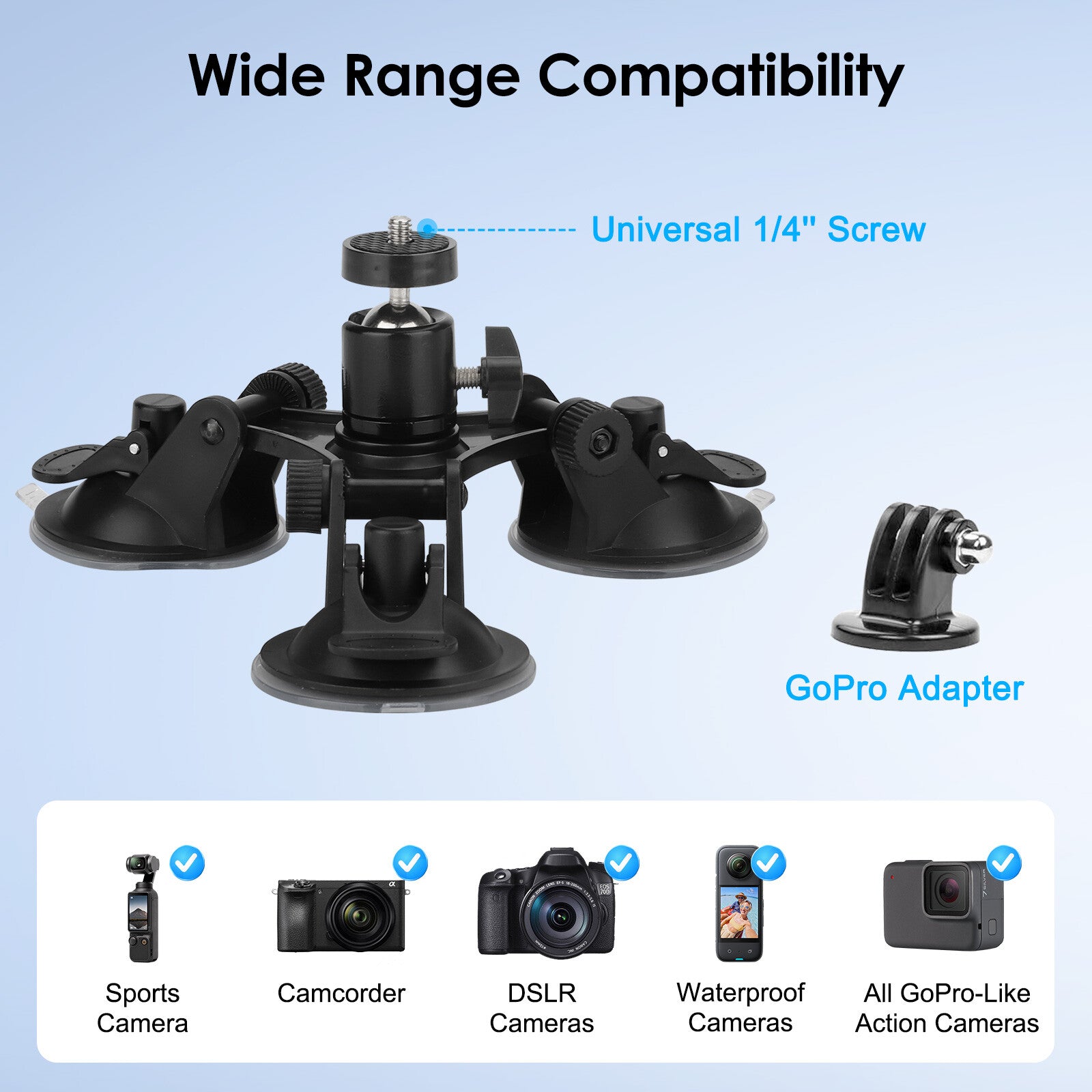 Triple Suction Cup Car Holder Mount for Gopro Hero 10 9 8 7 6 5 DJI OSMO Camera