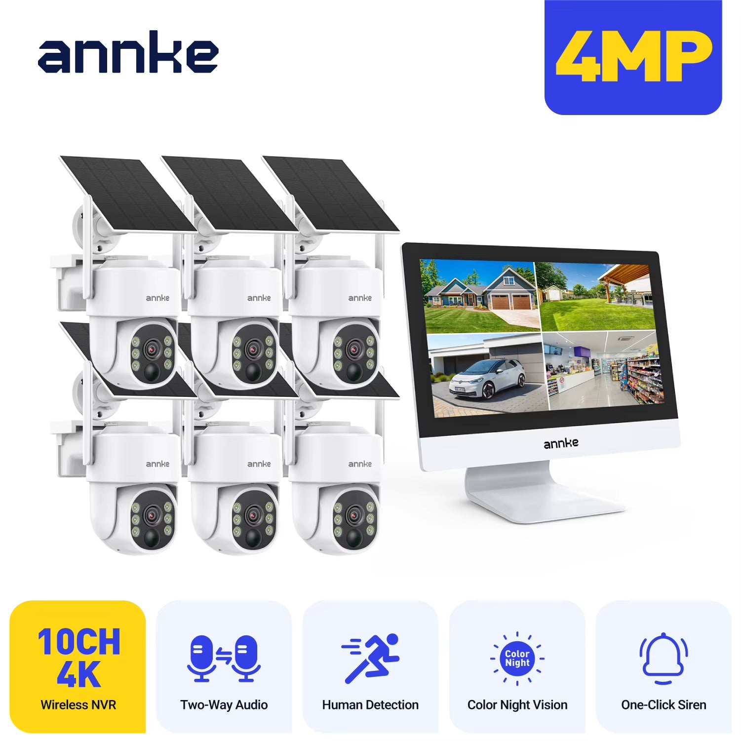 4MP Solar Security Cameras 10CH 12 in LCD 2.4G 5.8G PTZ Wifi Security Cameras PIR Color Night Vision Camera Security Wifi