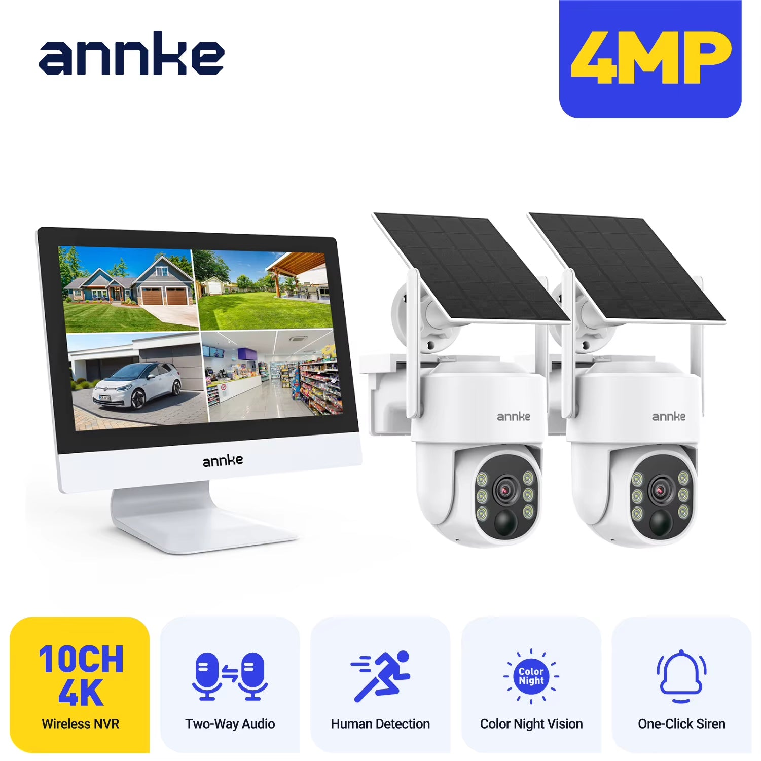 4MP Solar Security Cameras 10CH 12 in LCD 2.4G 5.8G PTZ Wifi Security Cameras PIR Color Night Vision Camera Security Wifi