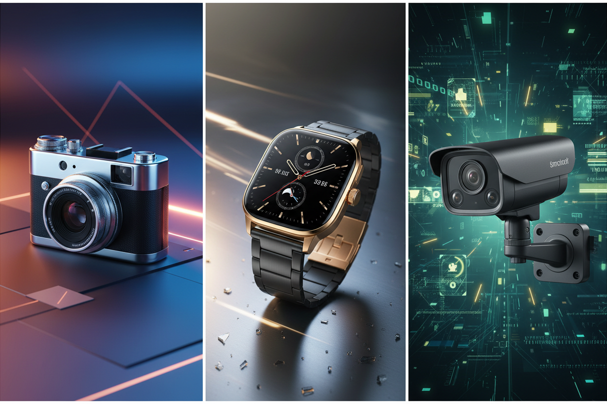 can you make the mini camera, the black and gold watch, and a surveillance camera have their own sections and cool backgrounds in one image