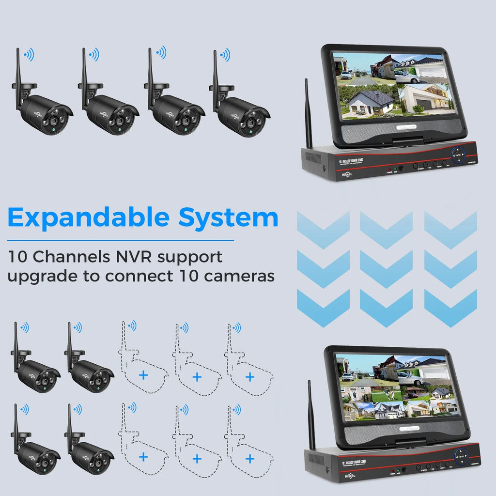 Security Camera System with 10.1'' Monitor, 1TB Hard Drive, 10 Channel NVR, 4Pcs Wireless Wi-Fi with Audio Recording, Waterproof, Night Vision, Home Security Camera (Supports Only 2.4Ghz Wifi)