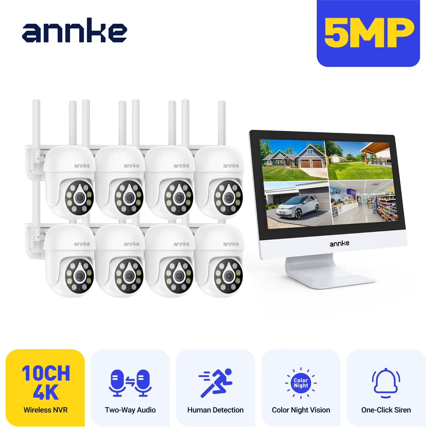 4MP Solar Security Cameras 10CH 12 in LCD 2.4G 5.8G PTZ Wifi Security Cameras PIR Color Night Vision Camera Security Wifi